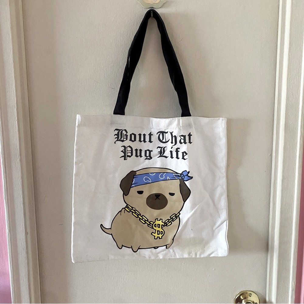 ‘Bout That Pug Life Funny Dog Print White and Black Tote Bag